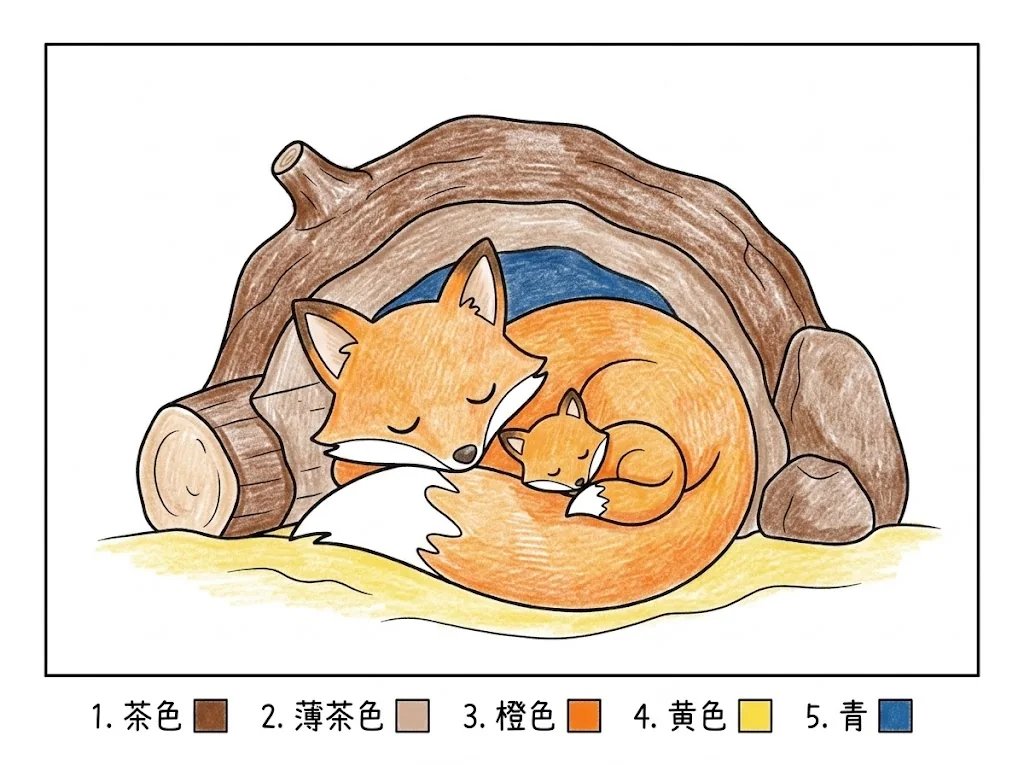 完成上色範例：熟睡的狐狸一家