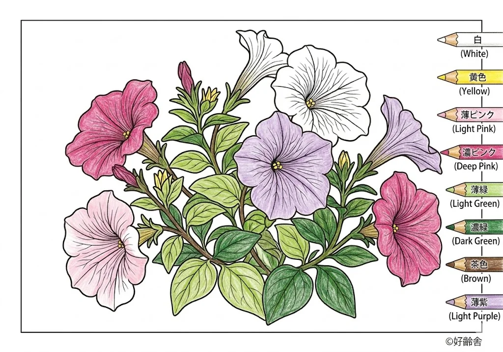 ตัวอย่างการระบายสี ระบายสี พิทูเนีย (2) ฟรีสำหรับผู้สูงอายุ
